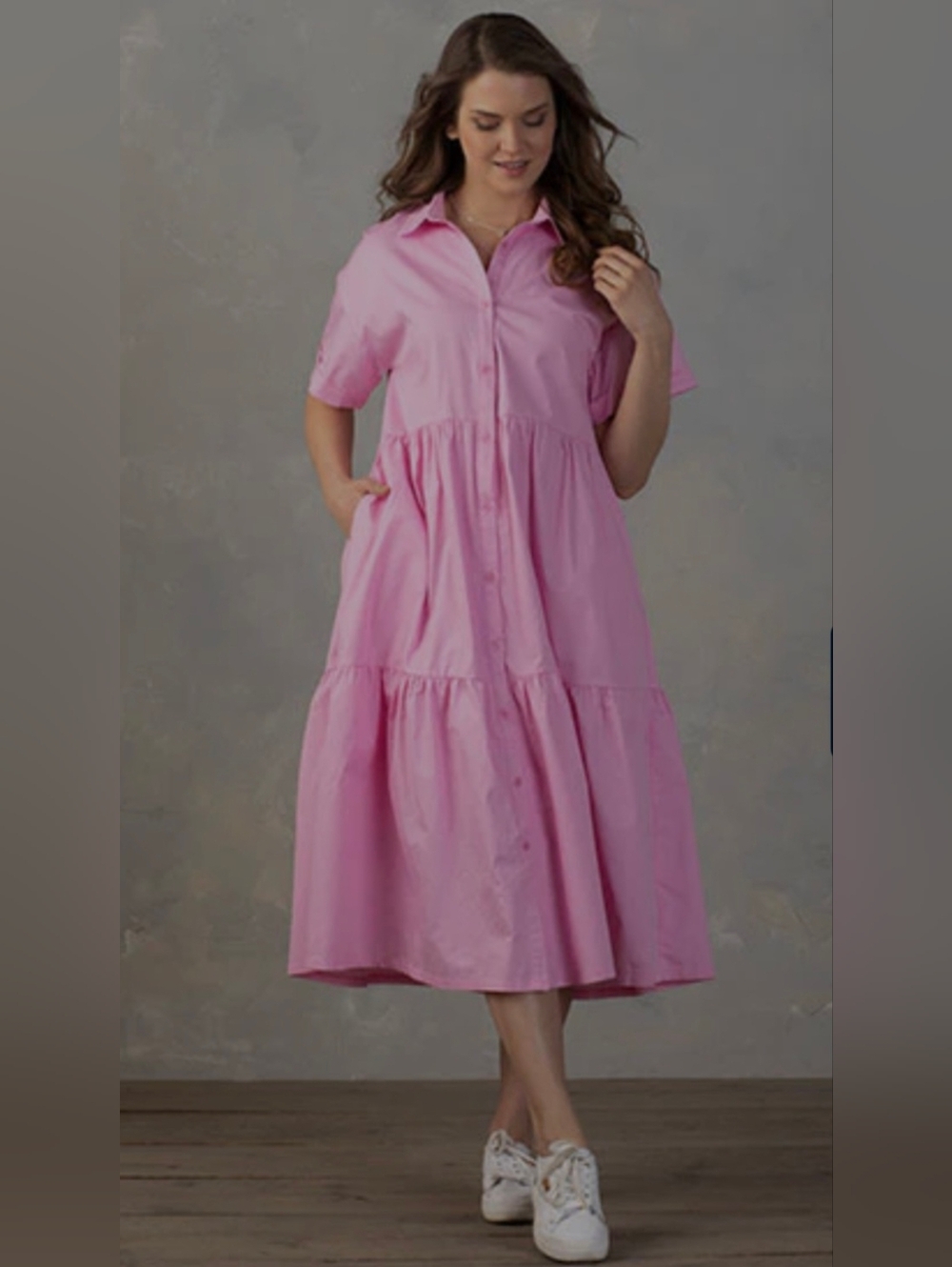 &Merci Pink Button-Front Tiered Shirt Dress